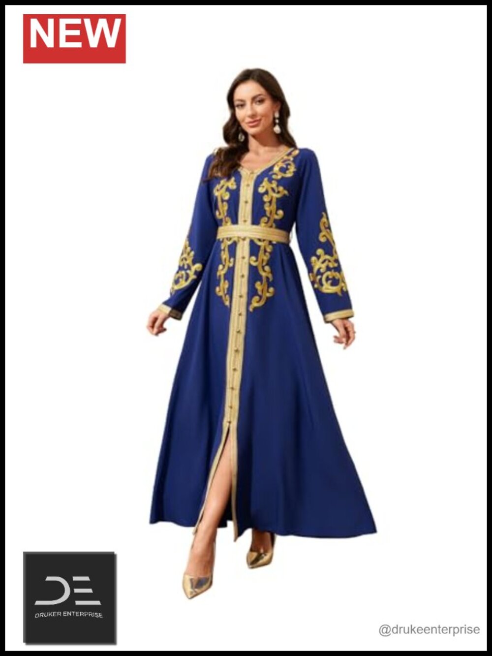 Gold embroidered modest maxi dress with belt